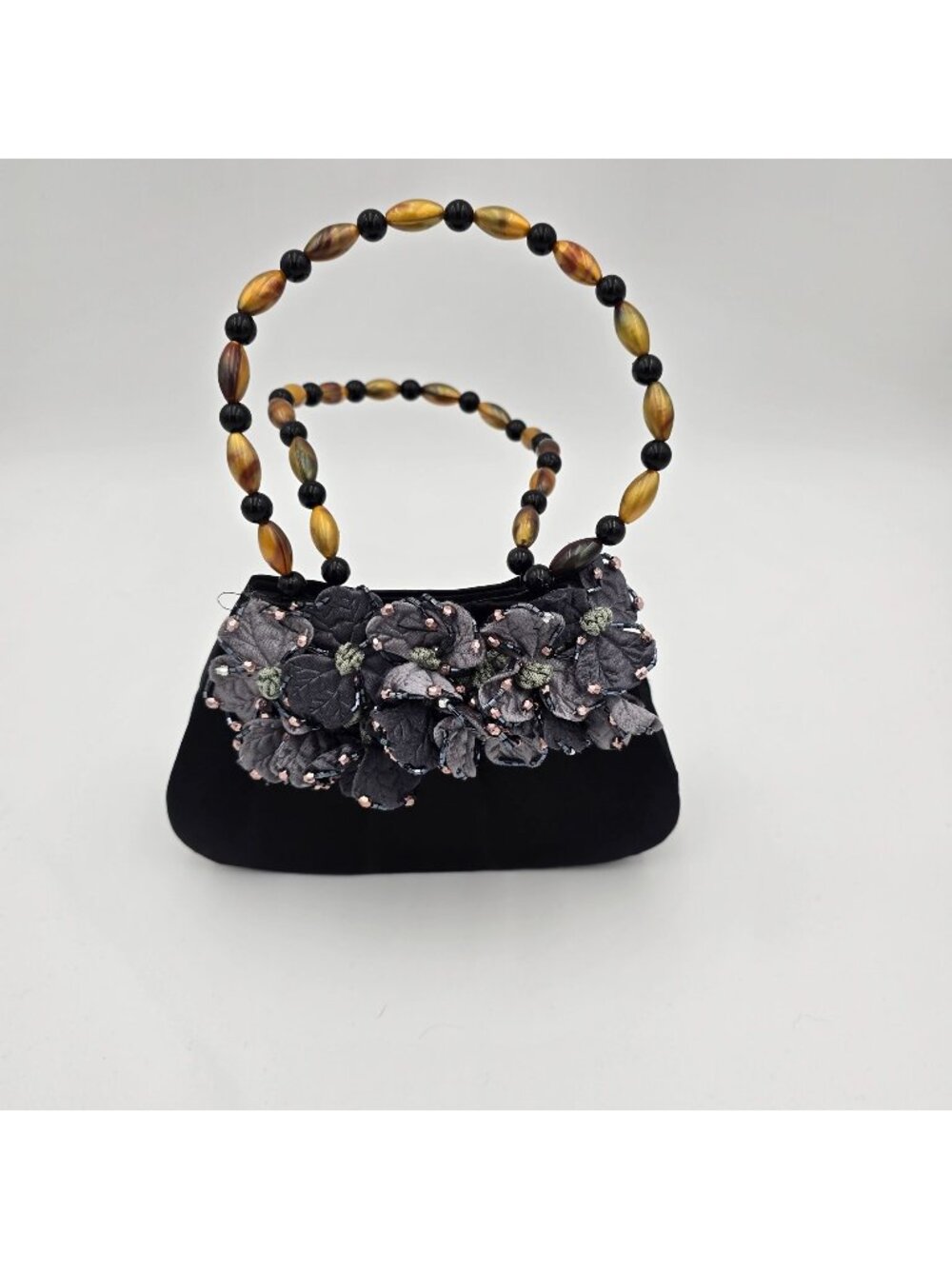 Beaded Handle Black Evening Bag With Floral Embellishments